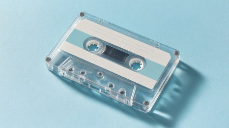 A translucent cassette tape rests on a pastel blue background, creating striking geometric shadows. This image captures nostalgic elements of vintage audio technology.の素材