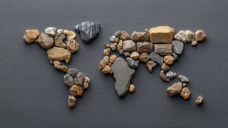 A unique world map made from colorful stones, artistically arranged on a dark surface, showcasing natural textures and promoting environmental awareness through creativity.の素材