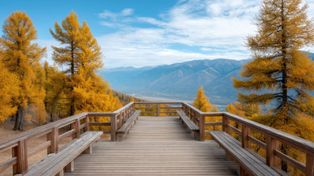 A stunning panoramic view from a wooden lookout deck surrounded by vibrant larch trees in full autumn color, offering breathtaking sights of mountains and valleys.の素材