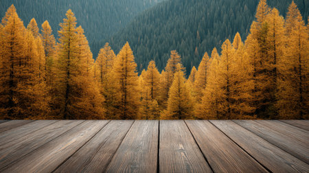 Explore a stunning view from a wooden deck overlooking a golden larch forest on a mountain, showcasing vibrant autumn colors and a serene natural landscape.の素材