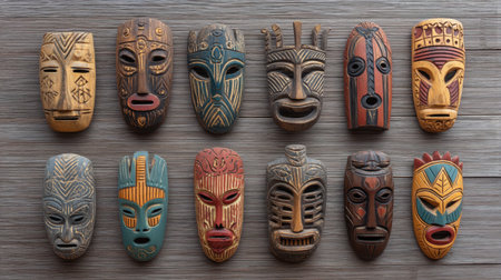 A captivating arrangement of rustic wooden tribal masks displayed on a wall, showcasing unique craftsmanship and rich cultural heritage, perfect for artistic inspiration.の素材