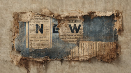 Explore a unique vintage newspaper collage featuring torn edges and distressed typography. Perfect for creative projects needing a rustic, artistic touch.の素材