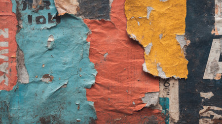 Explore a striking abstract image of a grunge wall adorned with colorful, torn posters revealing layers of texture and fragments of urban culture.の素材