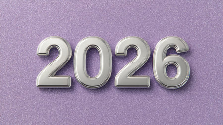 Stylish silver chrome typography featuring the number 2026 set against a sparkling purple background, perfect for modern design projects or event celebrations.の素材
