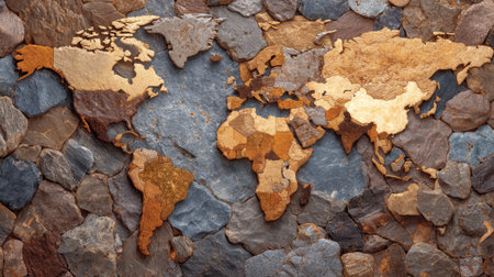 A unique depiction of a world map crafted from natural stone, showcasing intricate textures and earthy colors, suitable for various artistic and educational purposes.の素材