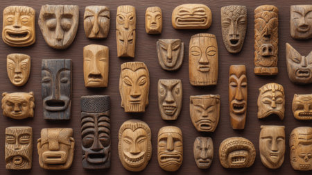 A striking arrangement of carved wooden masks on a wall, featuring various designs that represent rich cultural traditions and artistic craftsmanship from around the world.の素材