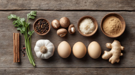 Discover a rustic arrangement of fresh ingredients on a wooden table, featuring garlic, eggs, ginger, and various spices perfect for cooking inspiration.の素材
