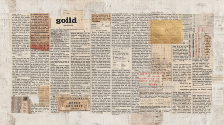 Explore this artistic paper collage that combines layered newspaper snippets and text in a visually appealing arrangement, perfect for creative projects and designs.の素材