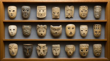 A stunning display of traditional carved wood masks arranged meticulously, highlighting unique artistry and cultural heritage with intricate designs and natural textures.の素材