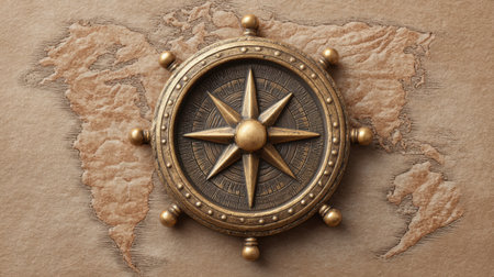 A vintage compass prominently displayed against an aged map background, evoking a sense of adventure and exploration, perfect for navigation themes in design projects.の素材