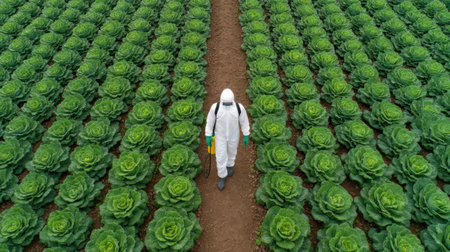 A farm worker equipped with protective gear walks through meticulously arranged rows of vibrant green cabbage in an expansive agricultural field under the sun.の素材