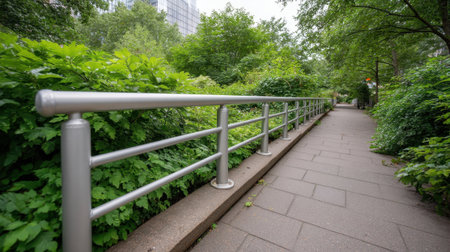 Explore a serene urban park featuring a beautifully landscaped walkway lined with lush vegetation and a silver railing, perfect for nature-inspired photography and relaxation.の素材