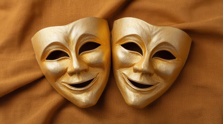 Discover a stunning arrangement of golden comedy and tragedy masks resting on warm topaz fabric, capturing the essence of theater and artistic expression.の素材