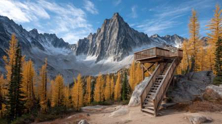 Discover a stunning panoramic lookout deck surrounded by vibrant larch trees in autumn colors, providing breathtaking views of majestic mountain landscapes.の素材