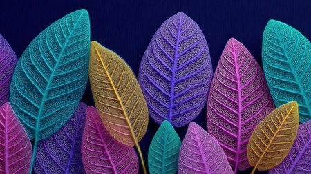 This striking image showcases vibrant luminous leaves in a tropical design, featuring intricate details and glowing colors ideal for creative art projects and decor.の素材