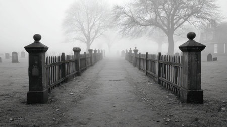 Explore a haunting cemetery path shrouded in dense mist, creating an eerie silence and mysterious atmosphere. Ideal for evoking themes of solitude and reflection.の素材