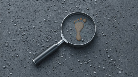 A high-resolution image featuring a magnifying glass focusing on a footprint on a wet surface, surrounded by raindrops, ideal for nature and investigation themes.の素材
