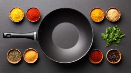 A striking black cloth background complements a wok surrounded by a colorful array of spices and herbs, perfect for culinary presentations and food photography.の素材