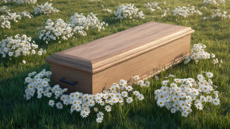 A wooden coffin rests in a vibrant field of blooming white daisies, creating a serene and reflective atmosphere, perfect for themes of peace and remembrance.の素材