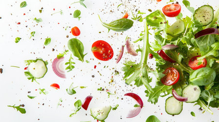 Fresh vegetable salad ingredients falling delicately against a crisp white background, showcasing the beauty of farm-fresh produceの素材