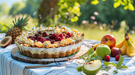 A Banoffee Pie served on a picnic table, accompanied by fresh fruits and a scenic outdoor background.の素材