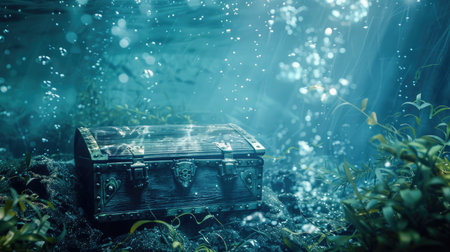 A treasure chest under water, surrounded by seaweed and bubbles, with space for text above the water surface.の素材