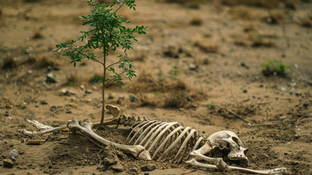 Strong sapling in dry, dusty soil with animal bones around, illustrating the contrast between life and deathの素材