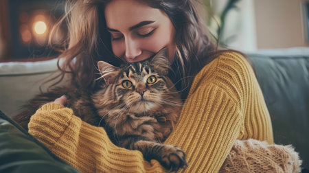 A young woman lovingly holding her fluffy cat on the sofa in the living room, showcasing the affectionate relationship and happiness of having a domestic petの素材
