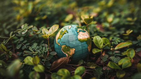 A small globe encircled by green leaves, set in nature, representing the bond between the earth and its environmentの素材