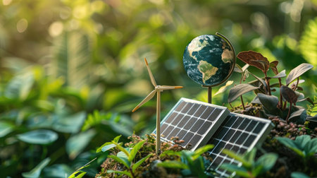 Nature conservation on World Environment Day: Solar cell panel, wind turbine, and earth globe amidst lush greenery, illustrating the harmony of clean energy with the natural worldの素材