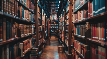 Rows of books neatly stacked in a library, showcasing the beauty of orderliness and knowledge awaiting explorationの素材
