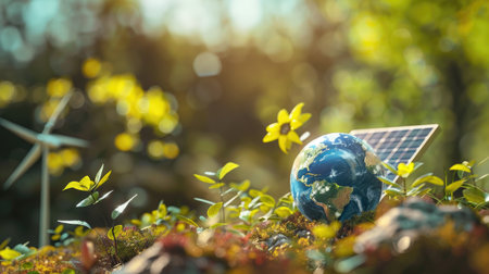 Clean energy concept for World Environment Day: Earth globe, solar panels, and windmill against a natural backdrop, symbolizing sustainable development and renewable resourcesの素材