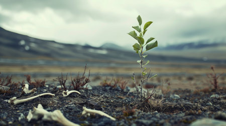 Strong sapling growing in a barren landscape with animal bones, showcasing the enduring spirit of nature.の素材
