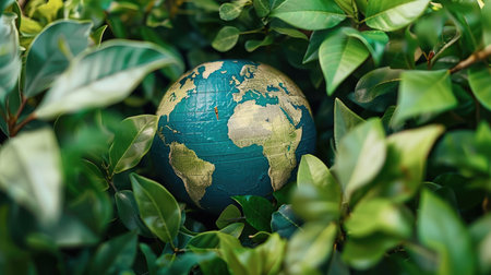 A world globe surrounded by fresh green leaves, representing nature's protection and sustainability.の素材