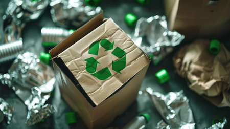 Green recycling emblem encompassing recyclable items such as aluminum foil and cardboard packaging, advocating for waste reduction and recycling initiativesの素材