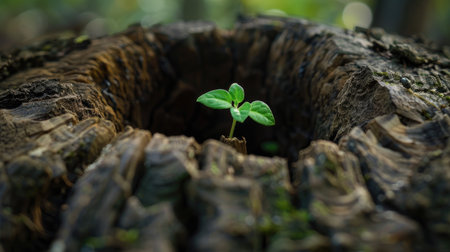 Small green plant growing inside the hollow of a dead tree, illustrating nature's resilience and rebirth.の素材