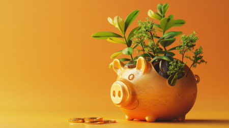 Piggy bank filled with gold coins and small trees sprouting from holes, on a single-color orange background, emphasizing sustainable savingsの素材