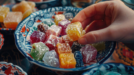 A hand reaching for a piece of Turkish delight from a decorative bowl filled with assorted flavors and colorsの素材