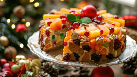 A festive fruitcake adorned with colorful candied fruits and nuts, served on a holiday-themed platter.の素材