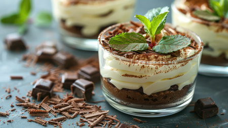 Tiramisu served in individual glass cups, topped with chocolate shavings and a sprig of mint.の素材