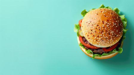 Gourmet burger on a turquoise background, providing plenty of room for inserting custom messages or images.の素材