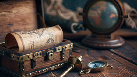 A treasure chest with a scroll and compass, set on a wooden table with space for text in the background.の素材