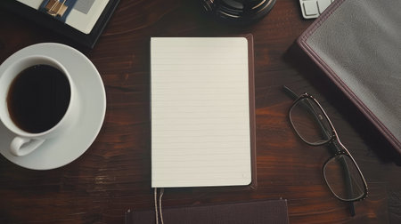 Top view of a business desk with a blank notebookの素材