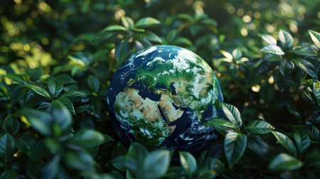 The earth encompassed by green foliage, illustrating the importance of environmental conservation.の素材