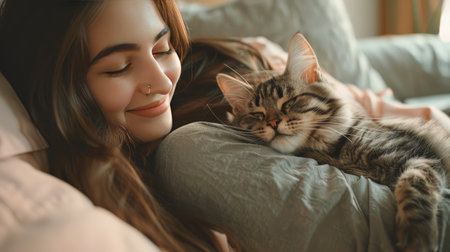 Smiling young woman enjoying a peaceful moment with her cute cat on the sofa in a cozy living room, highlighting the joy of owning a beloved domestic petの素材