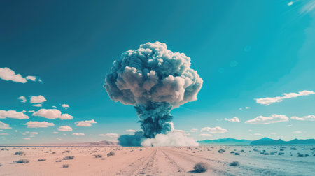 Powerful atomic bomb explosion generating mushroom cloud against clear blue skyの素材