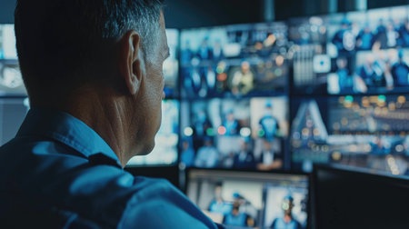 Closeup of a security guard attentively monitoring multiple screens showing live 5G-enabled surveillance footage, ensuring manufacturing safety and securityの素材