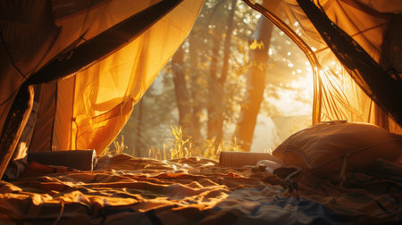 Cozy tent interior, secluded and calm, with warm sunlight streaming through a rolled-up window, illuminating the simple and serene setupの素材
