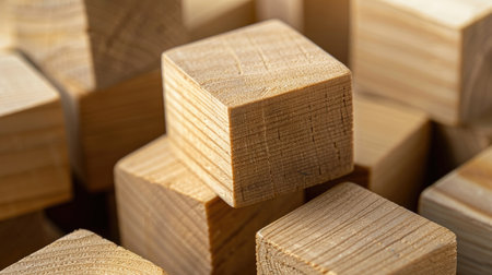 Close-up view of wooden blocks stacked in clusters of 3-5, showcasing blank surfaces primed for displaying custom text, logos, or designs.の素材