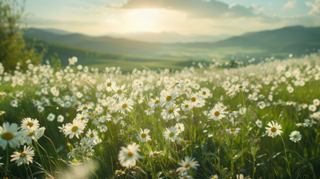 Picturesque hilly landscape with fields of daisies, capturing the essence of springtime beautyの素材